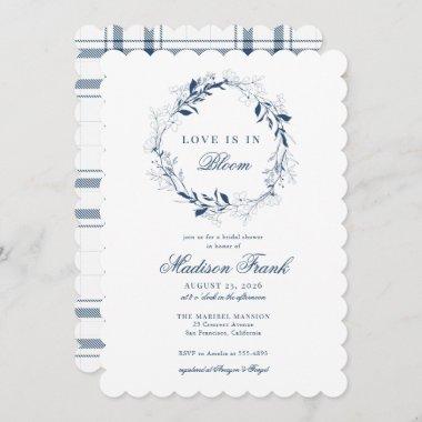 Elegant Blue Wildflower Wreath Plaid Bridal Shower Invitations