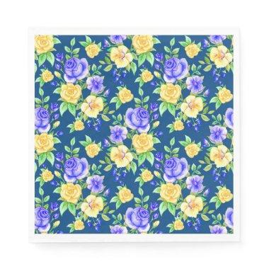 Elegant Blue Yellow Rose Floral Pattern Napkins