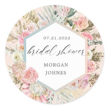 elegant blush bohemian floral Bridal Shower Classic Round Sticker