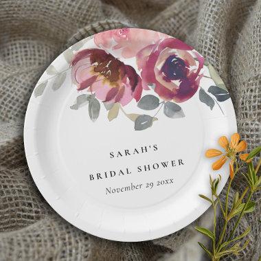 ELEGANT BLUSH BURGUNDY ROSE FLORAL BRIDAL SHOWER PAPER PLATES