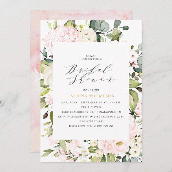 Elegant Blush Floral and Eucalyptus Bridal Shower Invitations