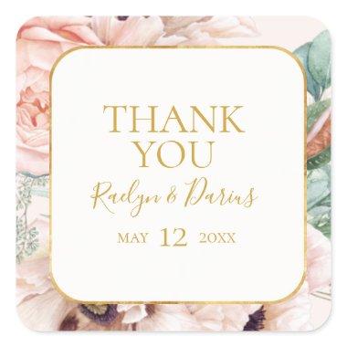 Elegant Blush Floral Garden Pastel Thank You Favor Square Sticker