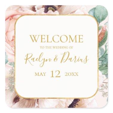 Elegant Blush Floral Garden Pastel Wedding Welcome Square Sticker