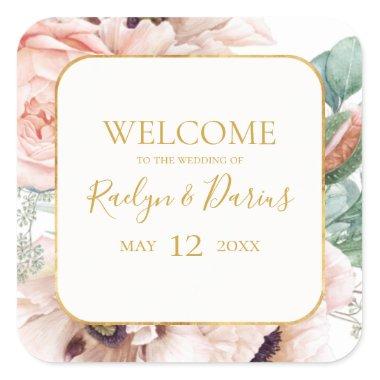 Elegant Blush Floral Garden | Wedding Welcome Square Sticker