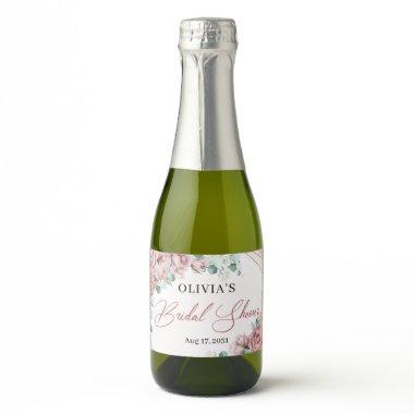 Elegant blush floral roses eucalyptus gold frame sparkling wine label