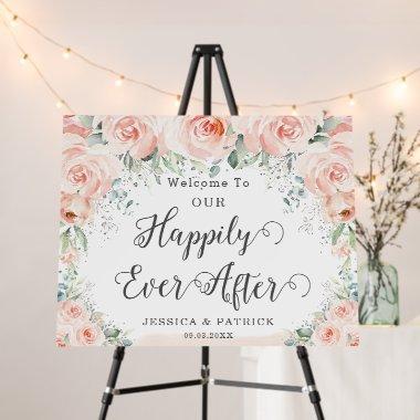 Elegant Blush Floral Roses Silver Wedding Welcome Foam Board