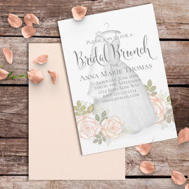 Elegant Blush Floral Wedding Dress Bridal Brunch Invitations