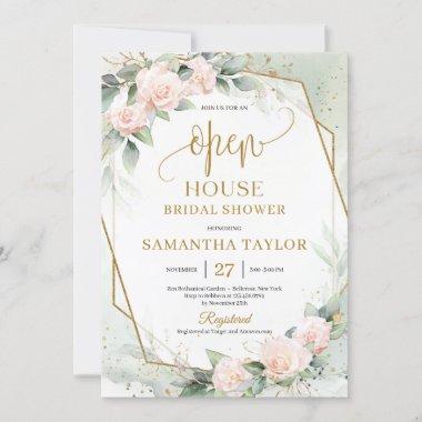 Elegant blush flowers eucalyptus gold Open House Invitations