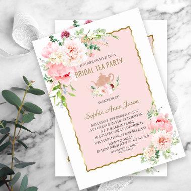 Elegant Blush Flowers Gold Frame Bridal Tea Party Invitations