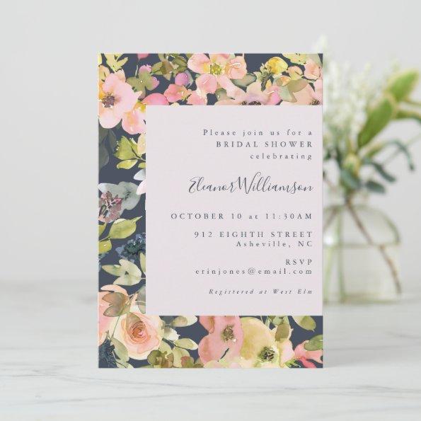 Elegant Blush Navy Watercolor Floral Bridal Shower Invitations