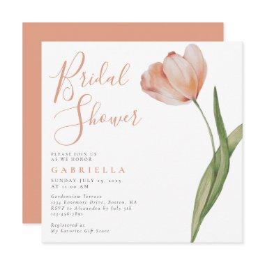 Elegant Blush Peach Watercolor Tulip Bridal Shower Invitations