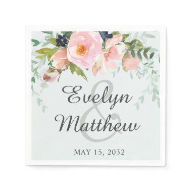 Elegant Blush Pink Floral Bouquet on Light Blue Napkins