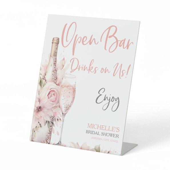Elegant Blush Pink Floral Open Bar Drinks on Us Pedestal Sign