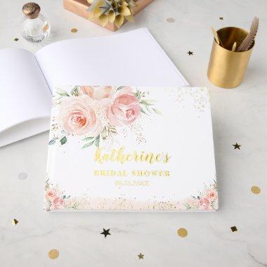 Elegant Blush Pink Floral Roses  Gold Foil Guest Book