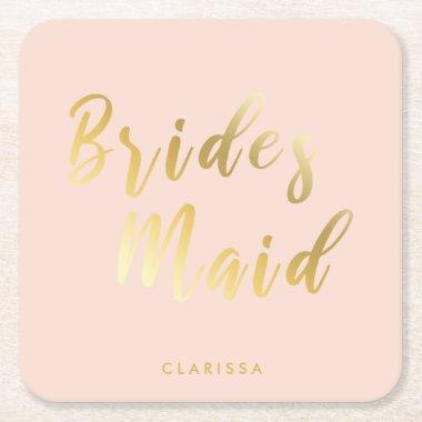 Elegant blush pink & gold bridesmaid square paper coaster