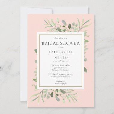 Elegant Blush Pink Gold Greenery Bridal Shower Invitations