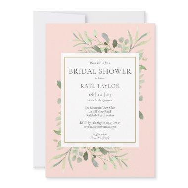 Elegant Blush Pink Gold Greenery Bridal Shower Invitations