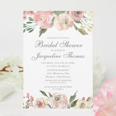 Elegant Blush Pink Ivory Floral Bridal Shower Invitations