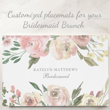 Elegant Blush Pink Ivory Floral Bridesmaid Brunch Placemat