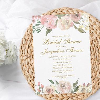 Elegant Blush Pink Ivory Gold Floral Bridal Shower Invitations