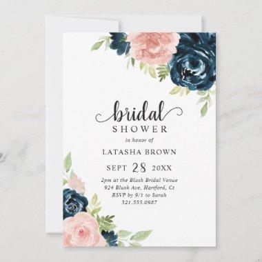 Elegant Blush Pink Navy Blue Floral Bridal Shower Invitations