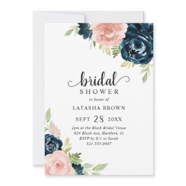 Elegant Blush Pink Navy Blue Floral Bridal Shower Invitations