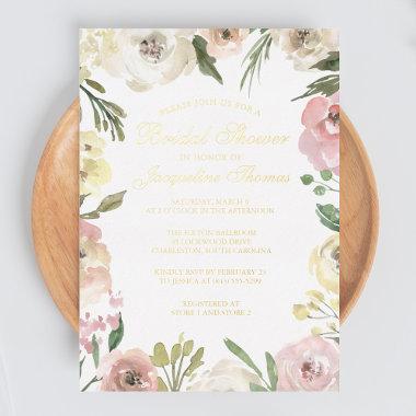 Elegant Blush Pink Peony Floral Bridal Shower Gold Foil Invitations
