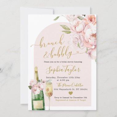 Elegant Blush Pink Peony Floral Brunch and Bubbly Invitations