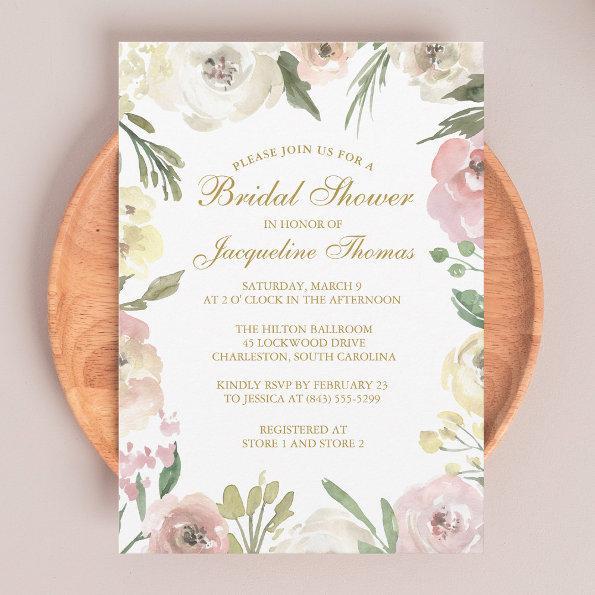 Elegant Blush Pink Peony Floral Gold Bridal Shower Invitations