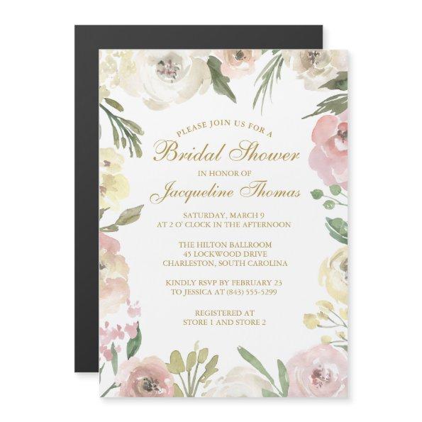 Elegant Blush Pink Peony Floral Gold Bridal Shower Magnetic Invitations
