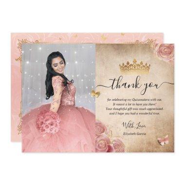 Elegant Blush Pink Rose and Gold Quinceanera Photo Thank You