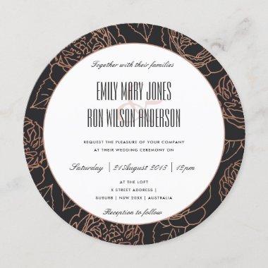ELEGANT BLUSH PINK ROSE GOLD BLACK FLORAL WEDDING Invitations
