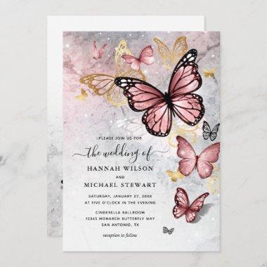 Elegant Blush Pink Rose Gold Butterfly Wedding Invitations