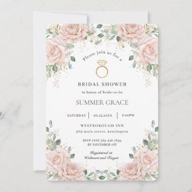 Elegant Blush Pink Roses Floral Ring Bridal Shower Invitations