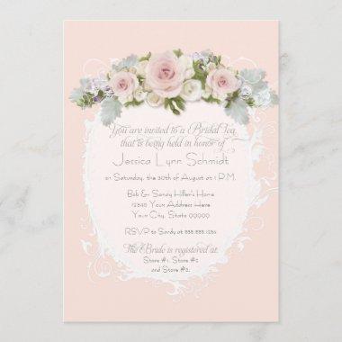 Elegant Blush Pink Roses Swirl Bridal Shower Tea Invitations