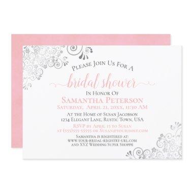 Elegant Blush Pink Silver Lace White Bridal Shower Invitations