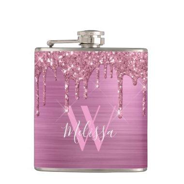 Elegant Blush Pink Sparkle Glitter Drips Monogram Flask