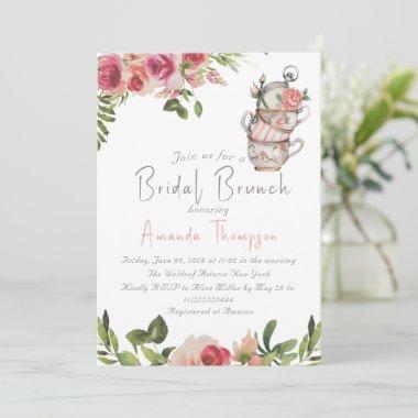 Elegant Blush Pink Tea Brunch Floral Bridal Shower Invitations
