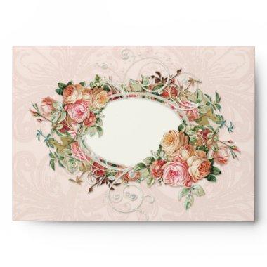 Elegant Blush Pink Vintage Floral Rose Damask Lace Envelope