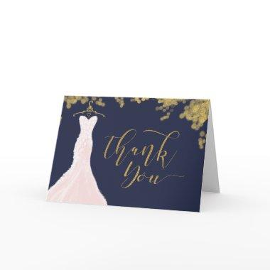 Elegant Blush Pink Wedding Dress Navy & Gold Thank You Invitations