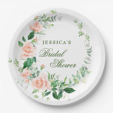 Elegant Blush Roses Floral Greenery Bridal Shower Paper Plates