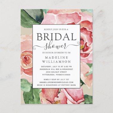 Elegant Blush Watercolor Floral Bridal Shower PostInvitations