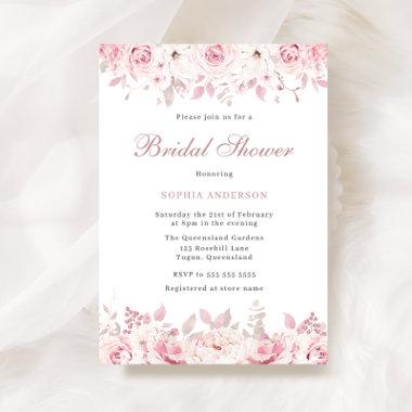 Elegant Blush Watercolor Floral Rose Bridal Shower Invitations