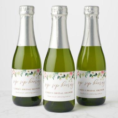 Elegant Blush Watercolor Floral Sip Sip Hooray Cha Sparkling Wine Label