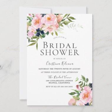 Elegant Blush Watercolor Flowers Bridal Shower Invitations
