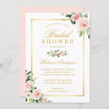 Elegant Blushing Pink Floral Gold Bridal Shower Invitations