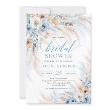 Elegant boho blue floral and ivory roses pampas
