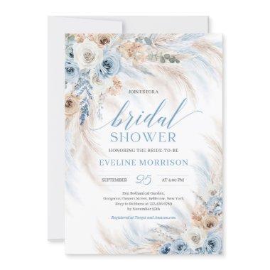 Elegant boho blue floral and ivory roses pampas Invitations