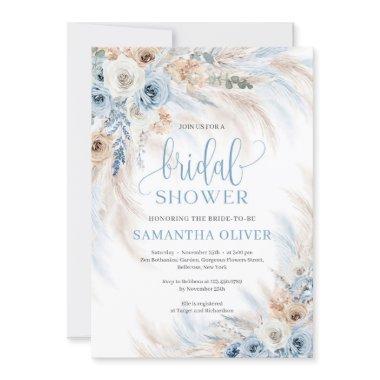 Elegant boho blue floral ivory roses pampas grass