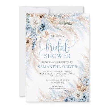 Elegant boho blue floral ivory roses pampas grass Invitations